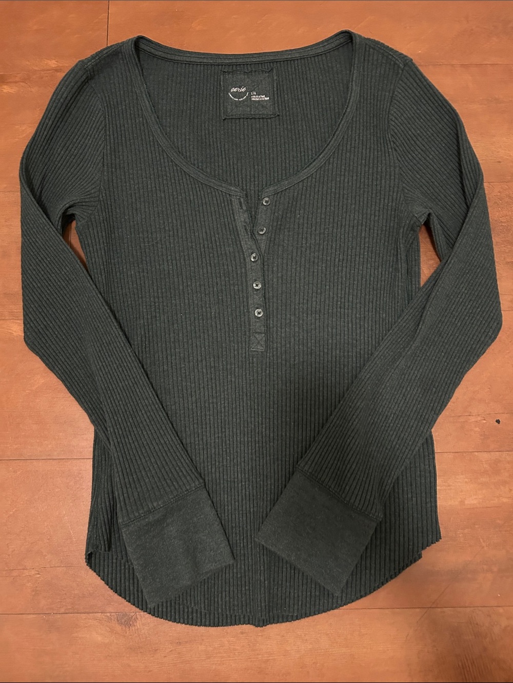 aerie Green Ribbed Henley Long-Sleeve Top